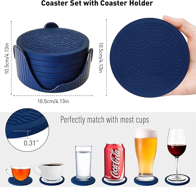 6-Pack Indigo Silicone Coasters with Deep Tray Holder - Double-Sided Drink Coasters - Beverage Mats for Hot or Cold Drinks - Thick, Non-Slip, Non-Stick Silicone with Ceramic Insert