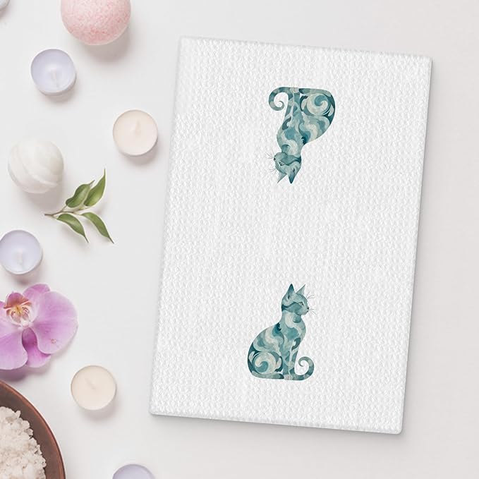 Abstract Blue Swirl Cat Kitchen Towel, Kitten Hand Towel Dish Towel, Pet Gifts for Women Mom Lady Girls, Cat Bathroom Kitchen Decor, 16x24 Inch