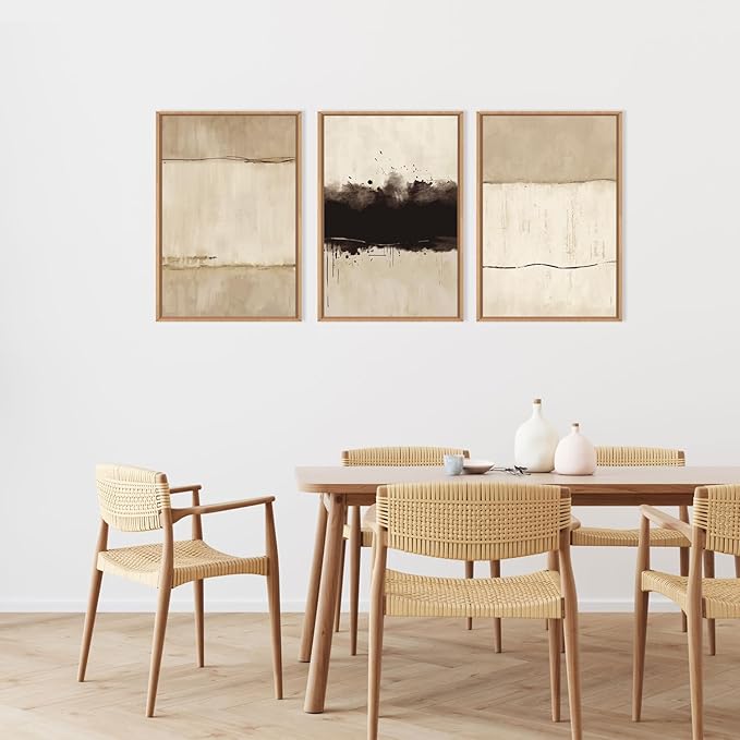 Ausril Large Neutral Textured Framed Canvas Wall Art Set, Minimalist Beige Shapes Wall Decor, Abstract Grunge Landscape Wall Painting, Modern Textured Art Prints for Living Room, Bedroom 16"x24"x3
