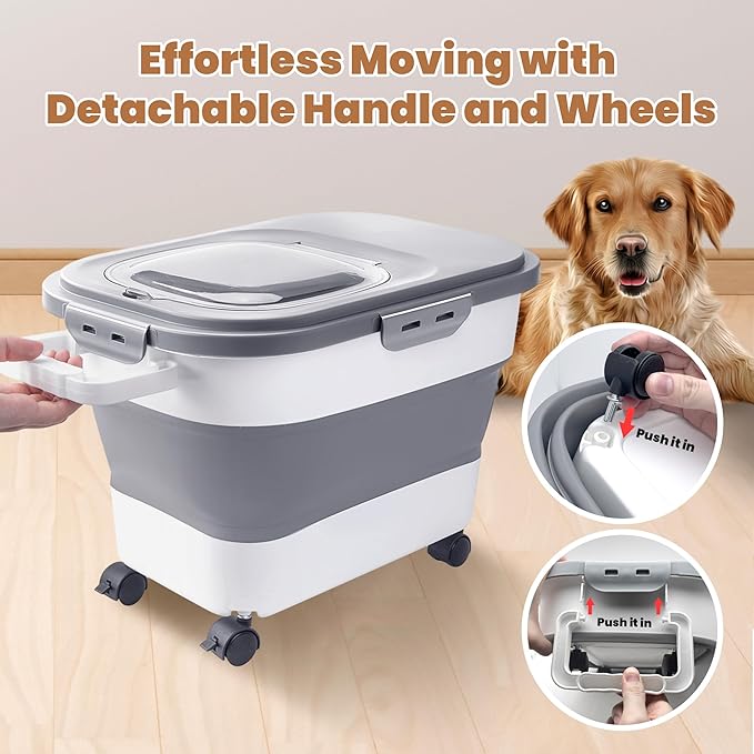 15-23 Lbs Airtight Dog Food Storage Container,Collapsible Dog Food Container with Lid,Wheels,Handle,Large Cat food storage Container with Scoop,Small Food Container for Dog Cat