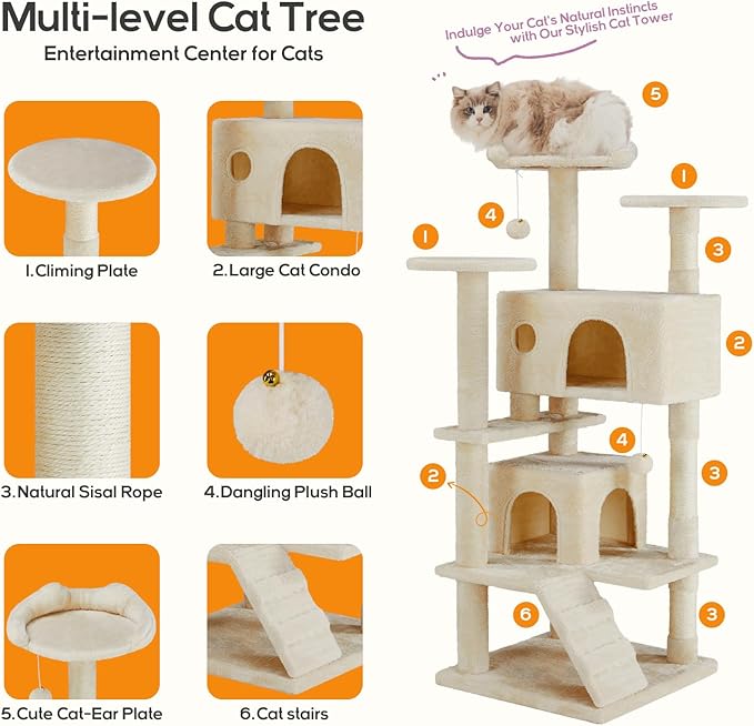 Cat Tree, 54-Inch Cat Tower for Indoor Cats with Sisal Scratching Post, Cat Play House, Large Kitty Condo, Plush Multi-Level with Climbing Ladder