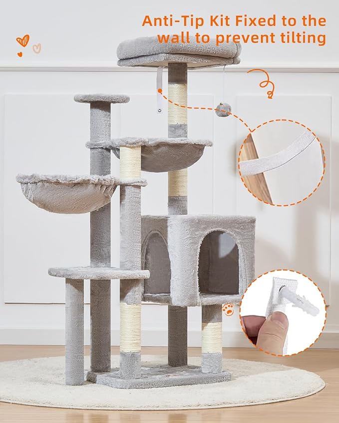 Taoqimiao Cat Tree, 48-Inch Cat Tower for Kittens, Cat Tree Tower with 5 Scratching Posts, Plush Cat Condo with Plush Perch, 2 Hammock, Pompoms, Light Gray MS019L-W