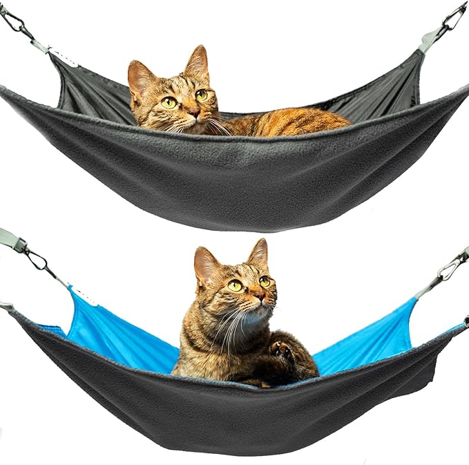 2 Pieces Cat Hammock Hunging for Cage,Reversible Washable Soft Outdoor Cat Mat,Waterproof Cooling Kittens Pad with Adjustable Webbing for Cats (Large, BlackBlue)