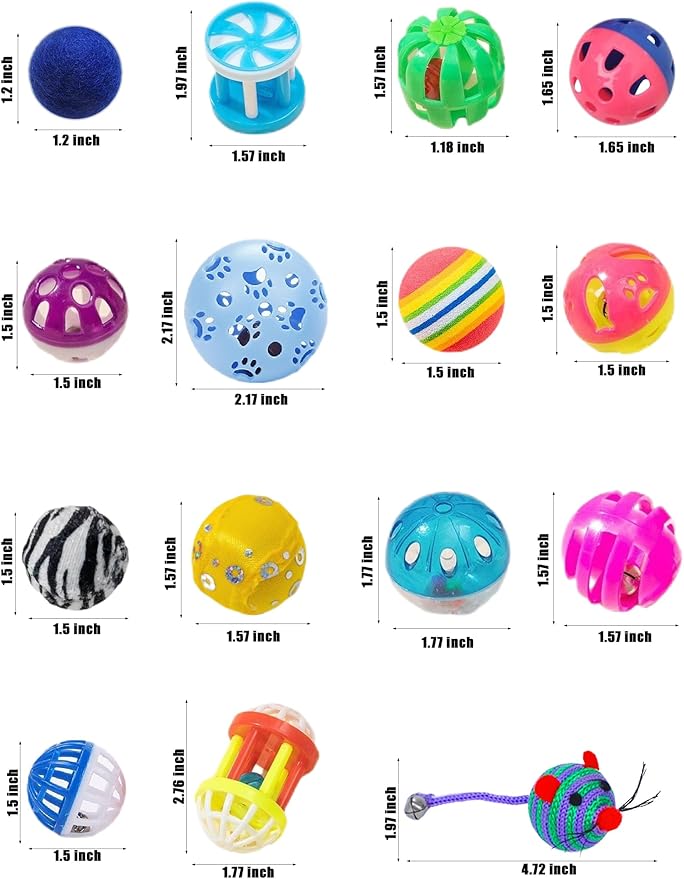 19-Piece Cat Toys Pack - 5 Bell Balls, 10 Plush Balls, 4 Spring Toys - Kitten Toys for Indoor Cats
