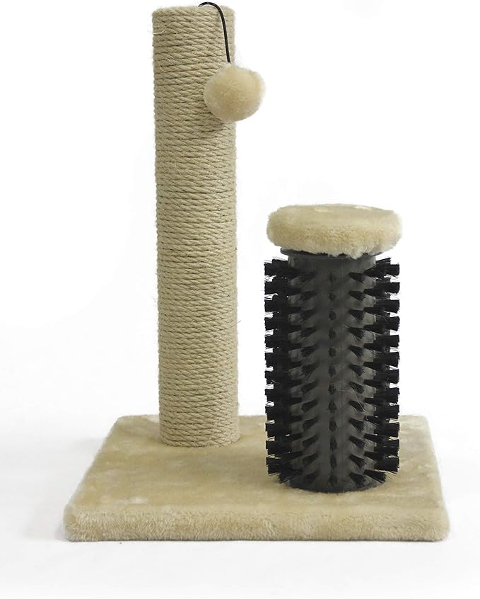 Amazon Basics Cat Scratching Post with Brush for Indoor Cats, 12.2 x 12.2 x 16.54 inch for Kittens, Beige