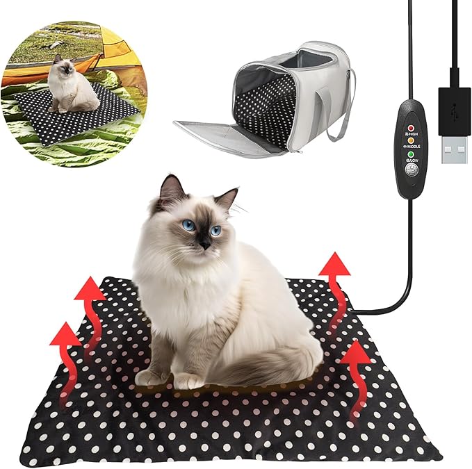 5V USB Heating Bed Mat for Cats Small Dogs, 3-Level Temperature Control, Hand Washable, Safe and Warm (Black & White Dots)