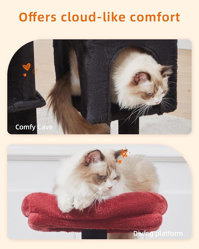 Taoqimiao Gothic Cat Tree, 39.4-Inch Cat Tower for Indoor Cats,Suitable for Kittens,Plush Cat Condo with 5 Scratching Posts, Plush Perch,2 Hammock,Pompoms, MS019BR Black and Red