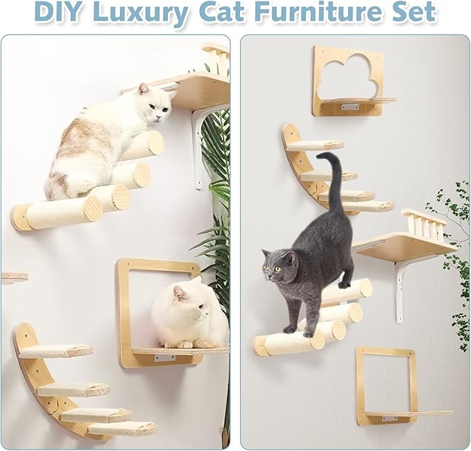 PINVNBY 5 Pcs Cat Wall Furniture, Cat Wall Shelves, DIY Cat Walls Playground with 3 Cat perches, 2 Cat Steps for Sleeping, Playing, Climbing, Large, Burlywood