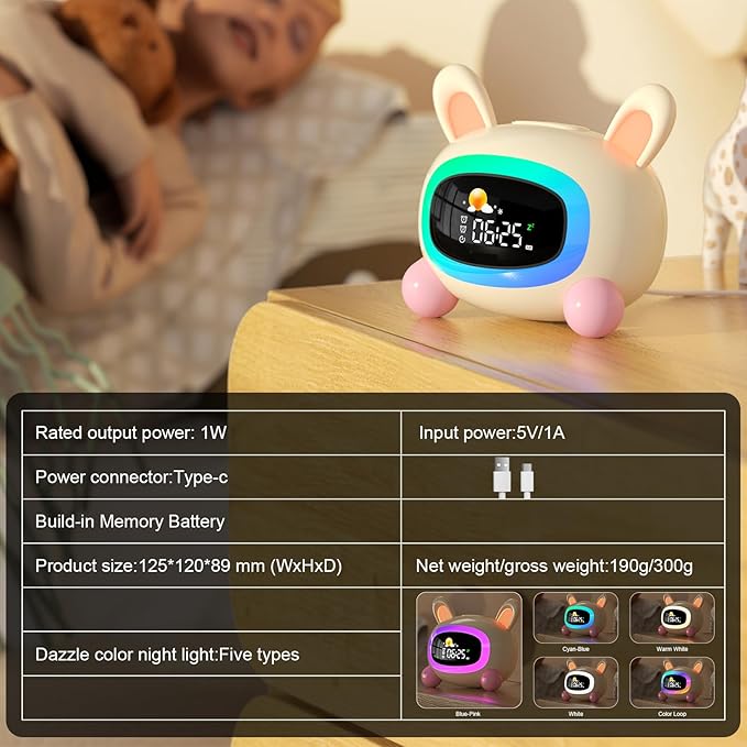 Alarm Clock for Kids,Ok to Wake Clock,Sleep Training Clock with Night Light & Sound Machine, Cute Kawaii Alarm Clock for Birthday Gift Boy Girls Toddlers Bedrooms