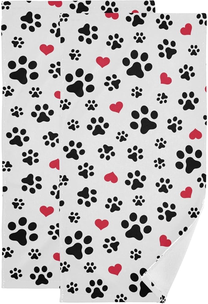 2 Pack Black White Hand Towels for Bathroom,Soft Absorbent Funny Animal Dog Cat Pet Paw Footprint Red Love Heart Kitchen Towels,Decorative Guest Bathroom Towels for Face,Shower,Gym 14"x28"