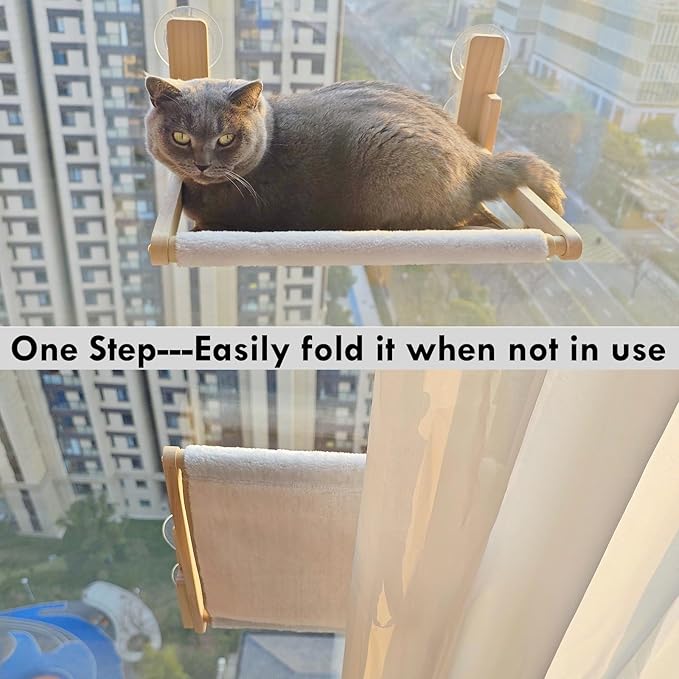 Foldable Cat Window Perch, 16.5 inches*12 inches Window Hammock for Cats, 35 lbs Weight Limit, Pine Wood Material Cat Window Hammock for Small Size Window