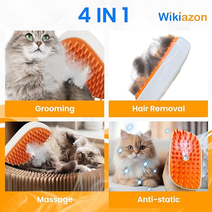 4 In 1 Cat Steam Brush, Anti Static Shedding Spray Comb, Hair Removal, Mist Indoor Steamy Grooming Brush for Dog, Water Spritz Defur Cepillo, Spa Steamer Cloud Para Gatos (Orange Pro)
