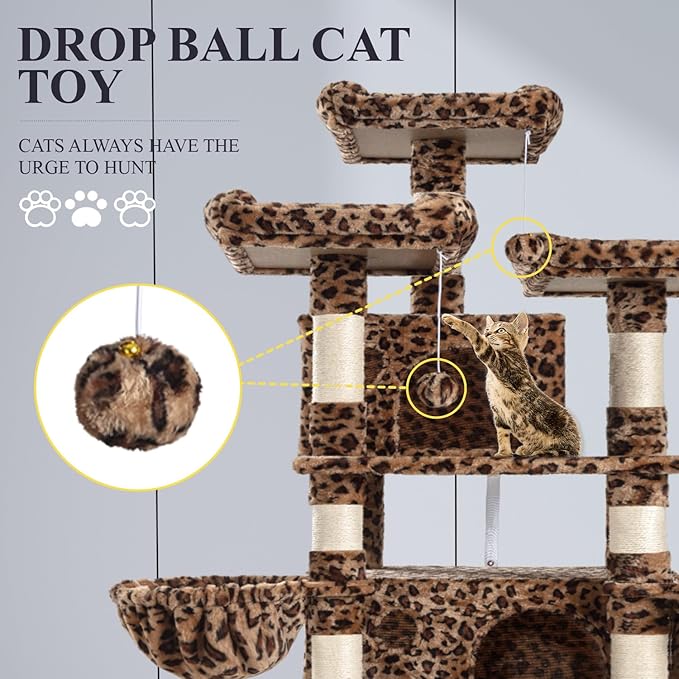 Allewie 68 Inches Cat Tree/Cat Tree House and Towers for Large Cat/Cat Climbing Tree with Cat Condo/Cat Tree Scratching Post/Multi-Level Large Cat Tree/Leopard Print
