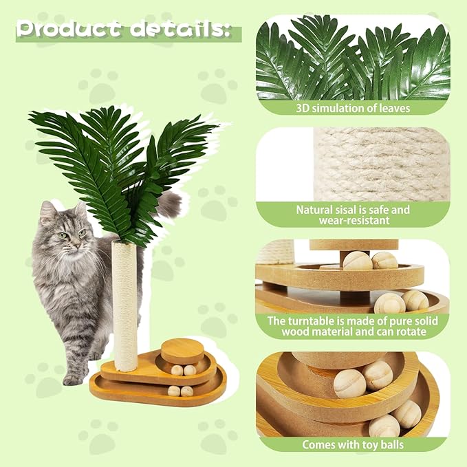 TONY HOBY Cat Scratching Post, Sisal Scratching Pole with Leaves, Interactive Cat Toy for Small Medium Cats (23.6 in, White)