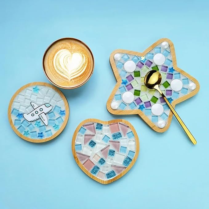 4PCS Mosaic Bamboo Coasters for Crafts, Blank Base Trays, Drinking Cup Coaster, Plant Coaster, Art Plate,DIY Mosaic Supplies (Star)