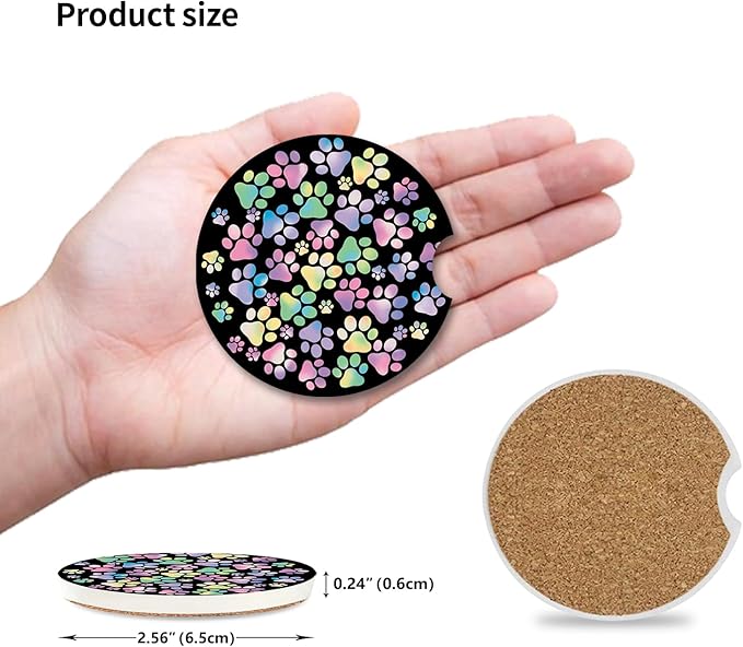 2 Pack Absorbent Car Coasters for Cup Holders,Gradient Colorful Dog paw Print Ceramic Coasters with Cork Back and Finger Slot,2.56" Auto Accessories for Women & Men.