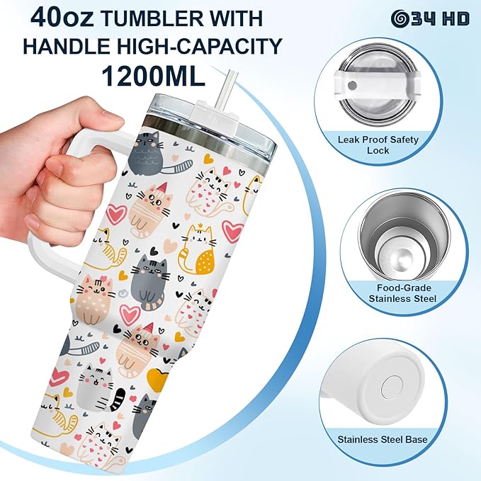 34HD Just A Girl Who Loves Cats Tumbler with Handle and Straw, 40oz Stainless Steel Vacuum Insulated Coffee Mug with Cats, Cat Mom Gifts for Women Birthday Mothers Day Christmas
