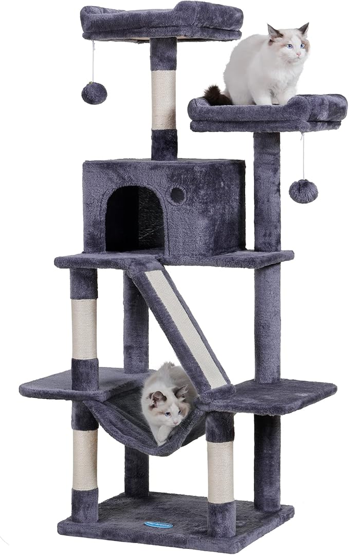 Hey-brother Cat Tree Tower, 57" Cat Tower with Scratching Posts, Multi-Level with hammocks, Toys, cat condo and Scratching Board, Smoky Gray MPJ028G