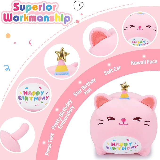 Auspicious beginning Pink Birthday Cat Plush Stuffed Animals-Gifts for Girlfriend, 16'' Pink Cat Plush, Kawaii Plushies Cat Body Pillow Cat Plushie, Kitten Plush Pillow Kids