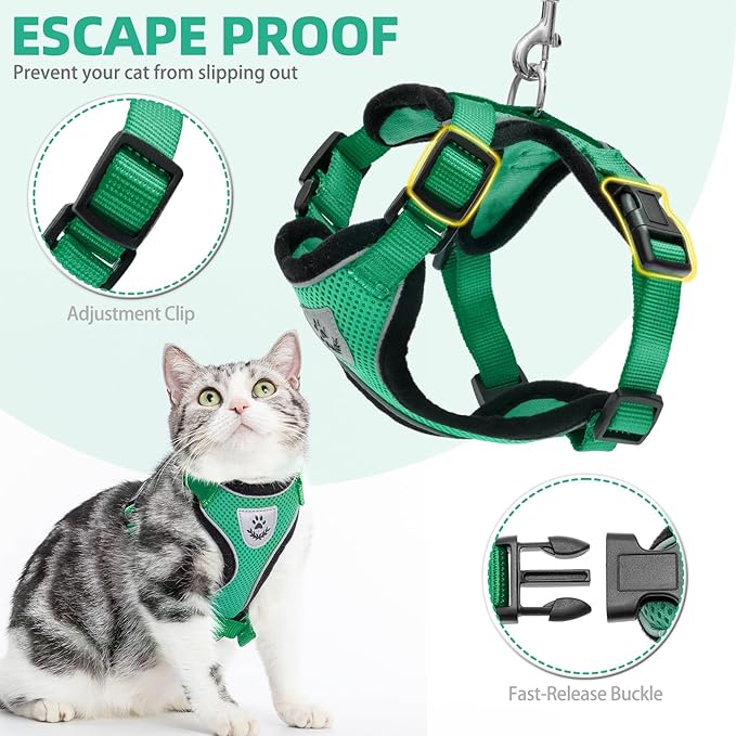 PUPTECK Cat Harness and Leash Set Escape Proof Reflective Cat Walking Harness Adjustable Soft Breathable Mesh Vest for Small Pets, Dark Green, M