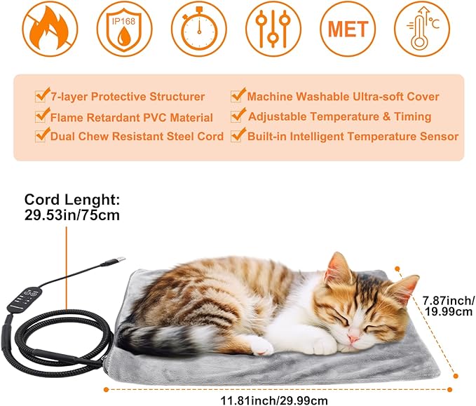 Texsens Pet Heating Pad for Cats and Dogs - Heated Cat Bed with Chew Resistant Cord and Removable Soft Cover - 13.4 x 9.5Inches - Fits All Cat Backpack Carrier