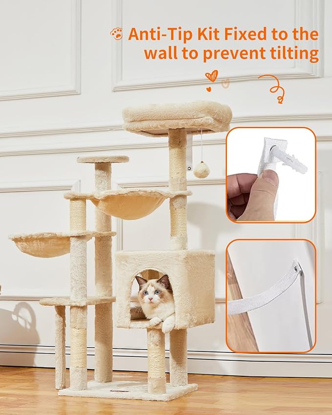 Taoqimiao Gothic Cat Tree, 39.4-Inch Cat Tower for Indoor Cats,Suitable for Kittens,Plush Cat Condo with 5 Scratching Posts, Plush Perch,2 Hammock,Pompoms, MS019M Beige