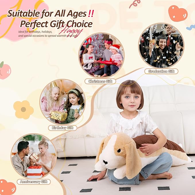 40'' Large Dog Sleeping Long Plush Pillow Toy, Soft Beagle Dog Stuffed Animals, Big Puppy Plushies Cute Doll Gift for Kids Girls Boys, Birthday