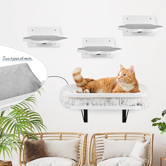 Cat Wall Shelves with Cooling Mat and Plush Cushion, Cat Shelves and Perches for Wall with 3 Wall Steps, Cat Wall Furniture Cat Climbing Shelf Cat Scratching Post for Sleeping, Playing, Gift for Cat