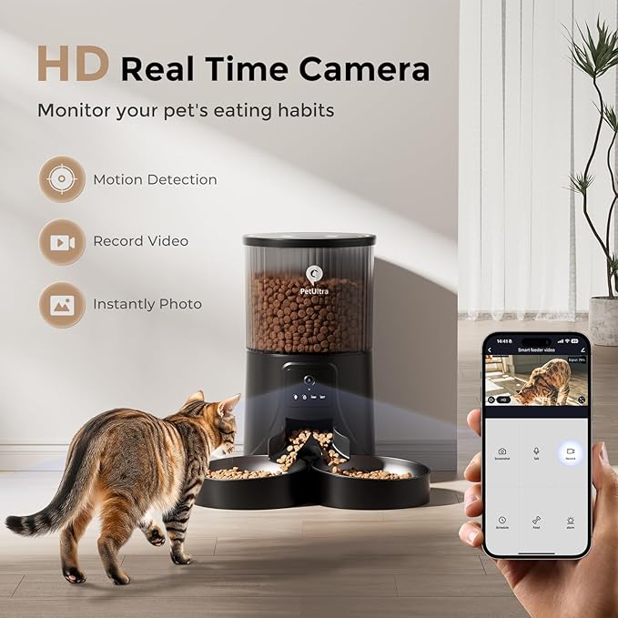 Automatic Cat Feeder for 2 Cats: Dual Feeder with 2.4G WiFi Remote Control, HD Camera, 2-Way Audio, Timed Auto Pet Feeding for Multiple Cats- Detachable & Easy to Clean with Desiccant Bag