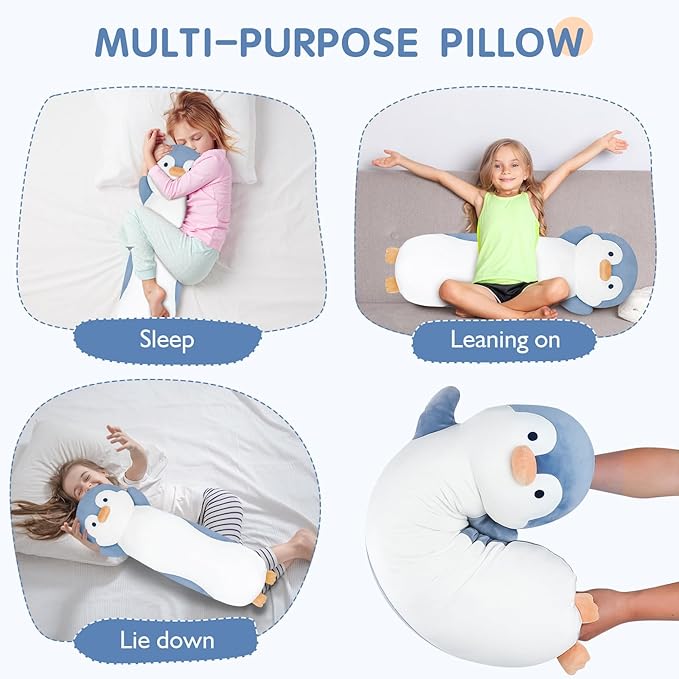 28 inch Penguin Stuffed Animal, Jumbo Long Soft Cuddle Pillow, Cute Blue Penguin Body Plushies Toy Gift for Kids, Boy and Girls Birthday