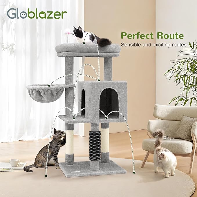 F46B Cat Tower for Indoor Cats | 46-Inch Sturdy Cat Condo for Multiple Adult Cats with Multiple Large Platforms, Hammock, and Anti-Tip Kit | Premium Quality Materials, Light Grey