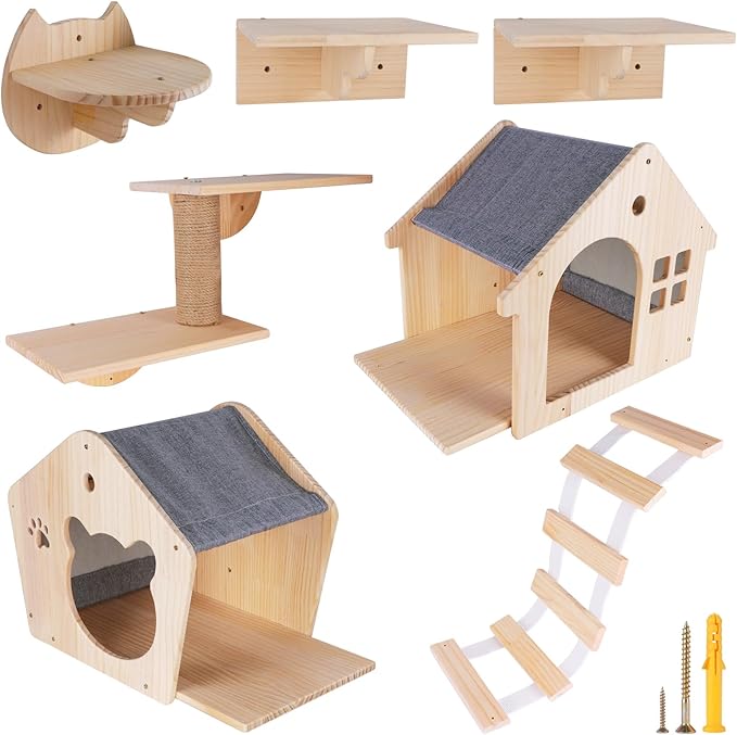 Cat Wall Furniture Cat Wall Shelves, Large Cat Climbing Shelves Set of 7 Wall Mounted Cat Furniture, with Cat Apartment, Cat Scratching Post, Perches Platform, for Cat Climbing & Resting