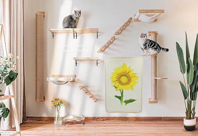 Cat Scratcher Mat, 23.6 X 15.7 Inch Natural Sisal Cat Scratch Mats Sunflower Pattern Cat Scratching Rug Wall Scratchers for Indoor Cats with Adhesive Hook Protect Carpets and Sofas（2Packs）