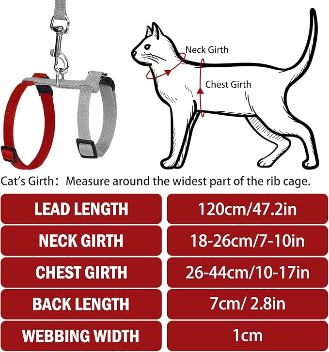 PUPTECK Adjustable Cat Harness and Leash Set Escape Proof Kitten Strap Collar for Walking Travel, Grey/Red Mixed