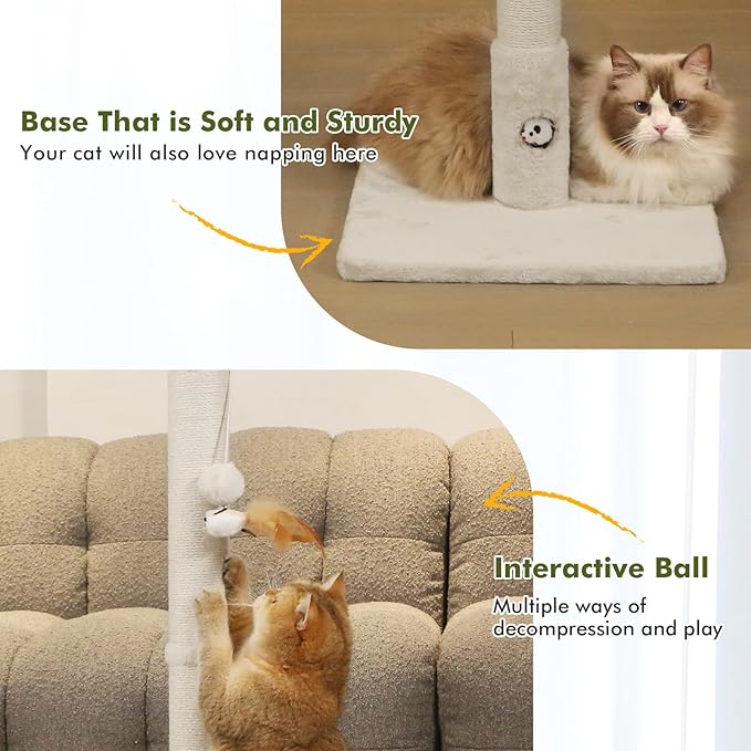 Cat Scratching Post with Premium Sisal Rope for Indoor 34in Tall Scratcher Post Tree with Mouse Hole, Hanging Ball for Adult Cats and Kittens White Scratch Tree