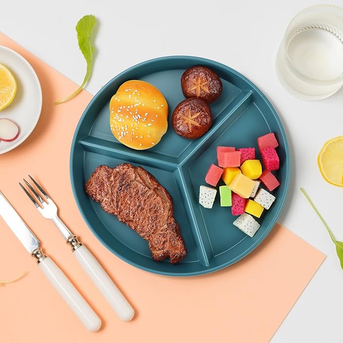 9.5 Inch Divided Plates Portion Control Plates 8 Pcs, Wheat Straw Dinner Plates, Microwave & Dishwasher Safe Bariatric Plate for Portion Control (Multicolor)