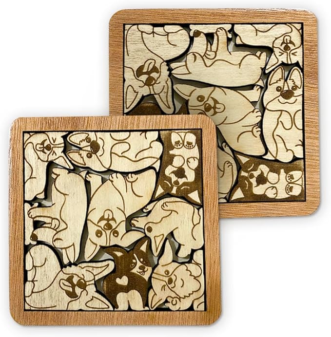 02 Corgi Dog Coaster - Corgi Dog Puzzle Wooden Coaster Set - Interlocking Jigsaw Drink Mats with Laser-Cut Design for Corgi Lovers (Corgi Dog)