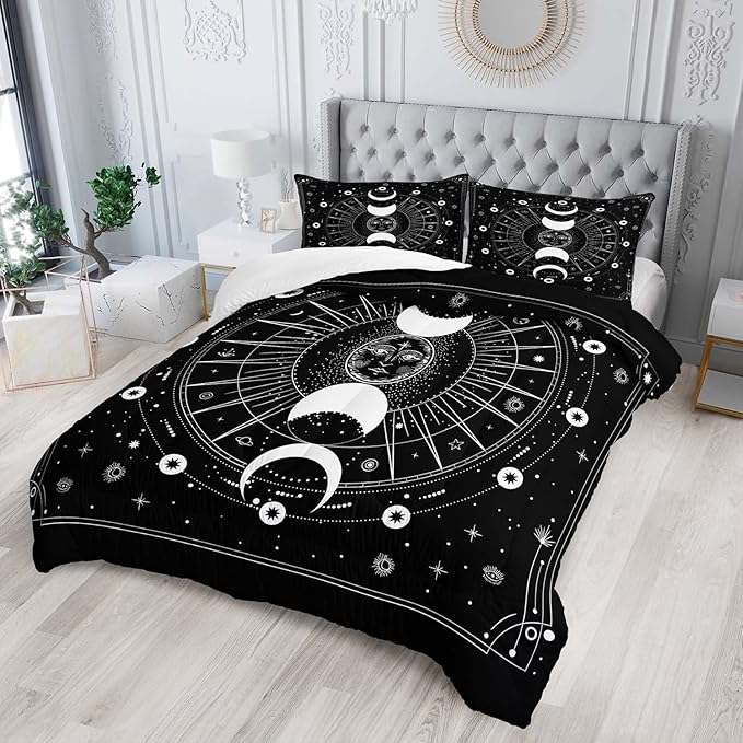 AILONEN Sun and Moon Comforter Set for Teens Boys Kids Girls, Galaxy Astrology Bedding Set Full Size,Bohemian Sun Moon Quilted Duvet,Galaxy Quilt,1 Comforter 2 Pillowcases 3 Piece