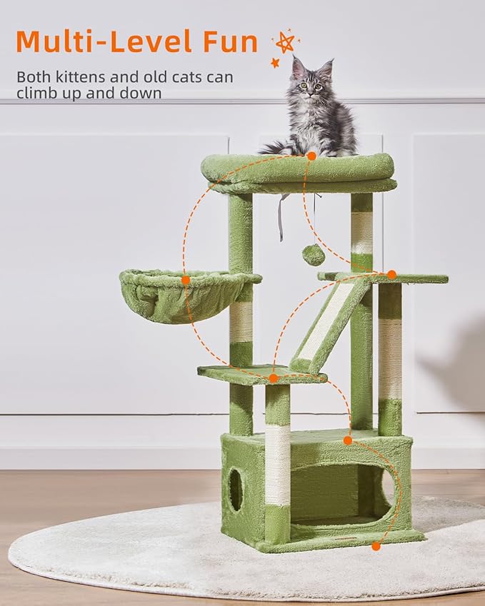 Taoqimiao Cat Tree,38.2-Inch Cat Tower for Indoor Cats,Suitable for Kittens with Luxurious cat condo with Adjustable Baskets and Luxurious Perch MS029SGR Green