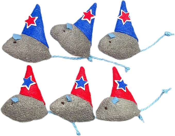 6-Pack Christmas Catnip Mouse Toy Set for Cats - Festive Red & Blue Star Hats, Perfect for Holiday Fun and Gifts