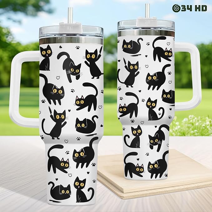 34HD Black Cat Coffee Tumbler with Handle and Straw, 40oz Stainless Steel Insulated Kitty Mug with Lid, Cute Pet Gifts for Women Men on Birthday Mothers Day Halloween Christmas