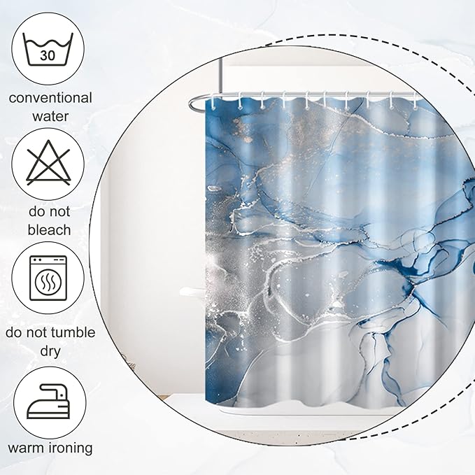 AWERT Blue Marble Shower Curtain for Bathroom Modern Blue White Marble Ink Shower Curtain with Hooks Washable Bathroom Accessories Bathtub Decor 72x84inch