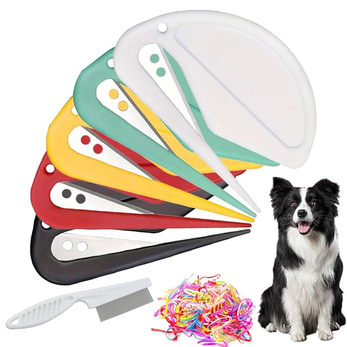 5PCS Pet Knotting Comb + 1PCS Grooming Comb, Pet Hair Grooming Tool for Pets, Knotting Comb for Dog & Cat, Pet Dematting Comb for Dogs and Cats, Attached 760PCS Mini Color Elastic Hair Ties