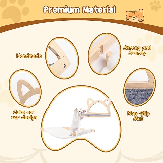Defined Deco Cat Wall Shelves, Wall Mounted Cat Shelves and Perches with XXL Cat Hammock and 2 Cat Climbing Steps, Cat Furniture with Scratching Climbing Mat for Playing, Sleeping, and Lounging
