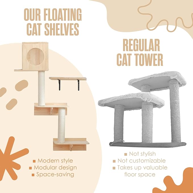 Houseables Wall Cat Tree, Wall Mounted Cat Tree, Cat Shelves, Cat Wall Furniture Set, Cat Wall Shelves, Cat Climbing Shelves, Wall Mount Cat Shelves, Cat Ledges for Walls, Wall Cat Furniture, w/House