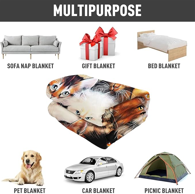 60" x 80" Blanket Comfort Warmth Soft Plush Throw for Couch Cute Cats Breed Collage Pet