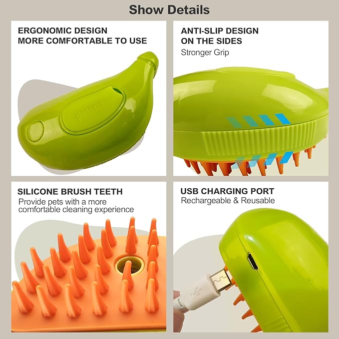 3in1 Cat Steam Brush,Multifunctional Rechargeable Cute Steamy Pet Brush for Short Or Long Hair Cats/Dogs To Massage/Clean/Eliminate Flying&Tangled Hair With USB Cable-Green Banana