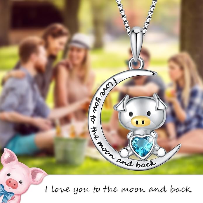 925 Sterling Silver Pig/Koala/Frog/Cat Horse Necklace I Love You to the Moon and Back Cute Animal Love Heart Moon Pendant Necklaces Jewelry Birthday Gifts for Women Best Friends