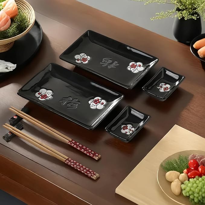 8 pcs Japanese Sushi Plate Sets Serving Platters and Trays for Entertaining Sushi Dishes Set Plates Sushi Plates Traditional Cuisine Dinnerware Sets with Chopsticks Black Plum