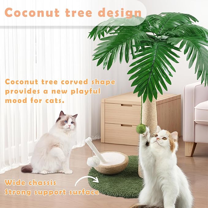 Cat Scratching Post, 27" Tall Scratch Tree Coconut Palm with Premium Sisal Rope, Simulated Leaves and Coconut cat Scratching Ball,Toys for Indoor Kittens and Cats (Cat Teaser Stick)
